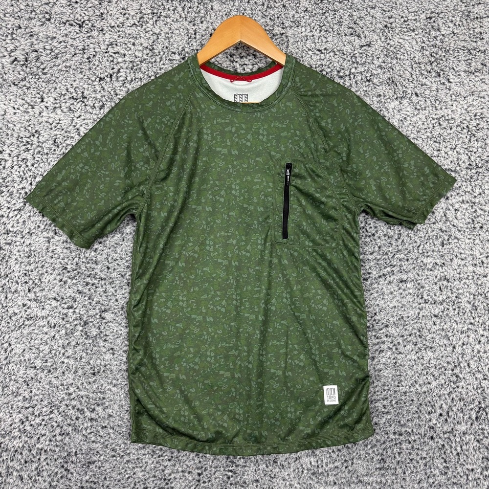 Topo Designs Shirt Mens Small Green Short Sleeve Zip Pocket Performance Hiking